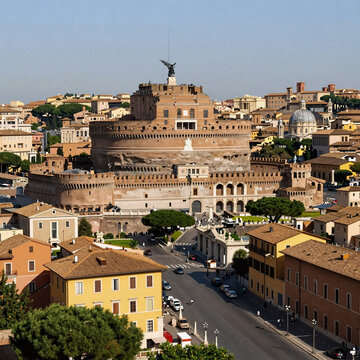 Comic Book Ancient Christianity. A Panoramic View Of The Ancient City Of Rome, Italy From Castel Sant'Angelo
