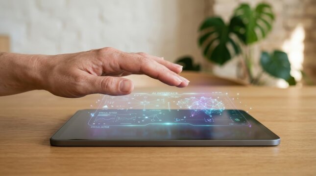Man hand interacting with holographic artificial intelligence interface on tablet screen. Futuristic digital data brain visualization for advanced machine learning and automation technology.
