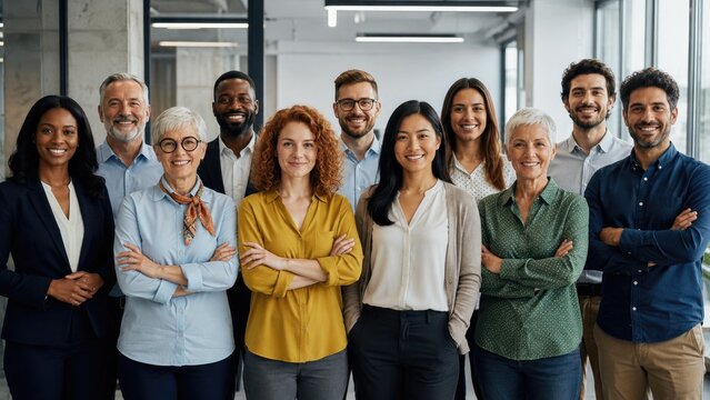 Diverse smiling professional team portrait in a modern office, multigenerational colleagues standing confidently together