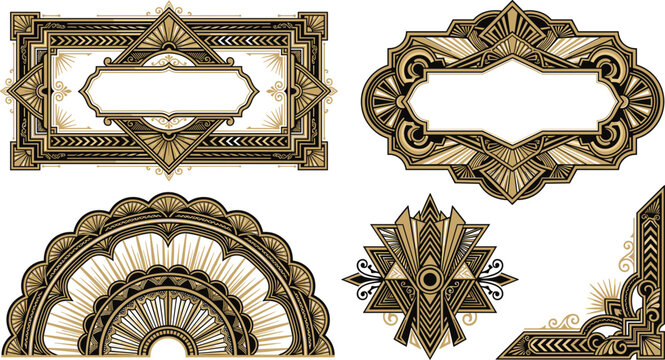 Luxury art deco frame and border corner collection with ornate gold geometric patterns for premium vintage wedding invitation card design