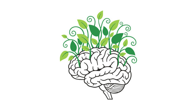 Stylized illustration of a human brain with growing green leaves and vines representing intelligence, mental growth, and ecological harmony.