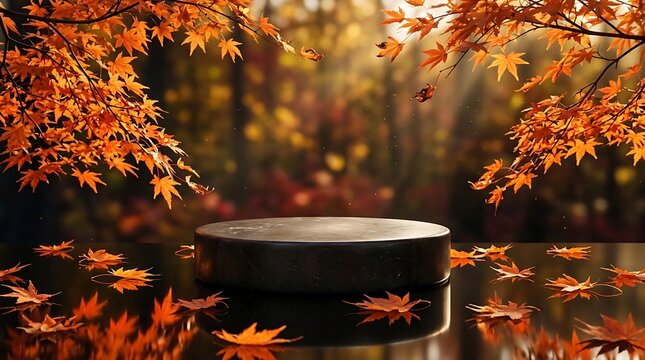 Elegant black stone pedestal with vibrant fall foliage and sunlight for cosmetic product display banner.
