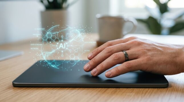 Man using digital tablet with holographic artificial intelligence interface. Interactive data visualization of smart machine learning. Advanced computing and virtual assistant technology concept.