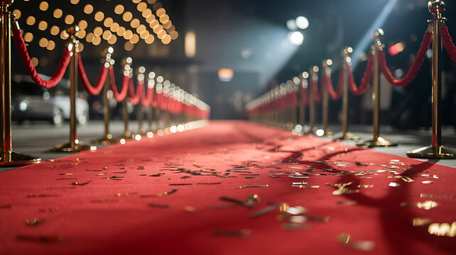 Red carpet event entrance with golden stanchions velvet ropes and scattered confetti