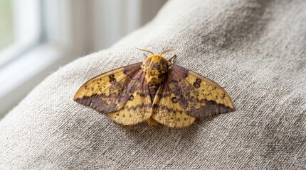 Obraz premium Photorealistic close up of a large yellow and brown moth resting on textured fabric
