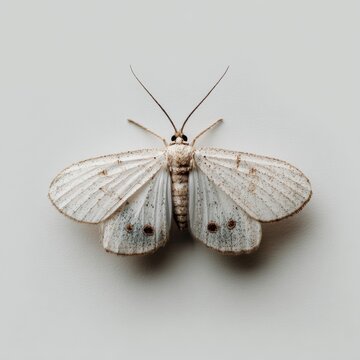 Small White Moth with Black Spots on Wings Against Light Gray Background