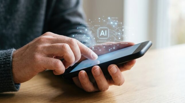 Man using smartphone with AI interface hologram. Artificial intelligence digital assistant for mobile application. Neural network technology, future communication and data processing concept.