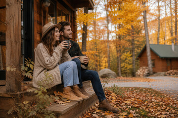 Fototapeta premium Autumn leaves blanket a rustic wooden porch