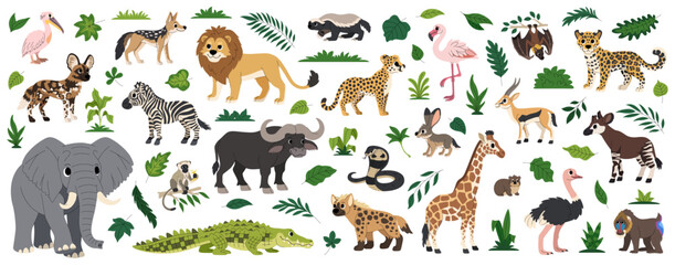 Obraz premium Cartoon african animals set, safari wildlife collection, savannah and tropical forest animals, exotic mammals, birds and reptiles, nature and fauna, tropical leaves collection.