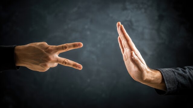Two hands showing a peace/victory V sign and an open palm stop gesture against a dark textured background