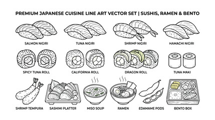 Set of 16 Japanese Cuisine Line Art Vector Icons - Sushi, Ramen, and Bento © munawwar bibi