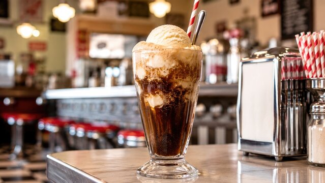 Vanilla ice cream float in a tall glass on a retro diner counter with a striped straw, napkin holder, and blurred vintage interior