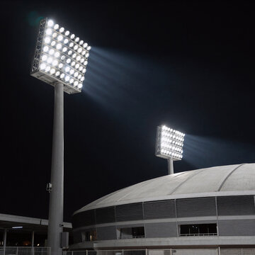 Cute Pastel Stadium Rugby. Stadium Lights Illuminate The Night Sky