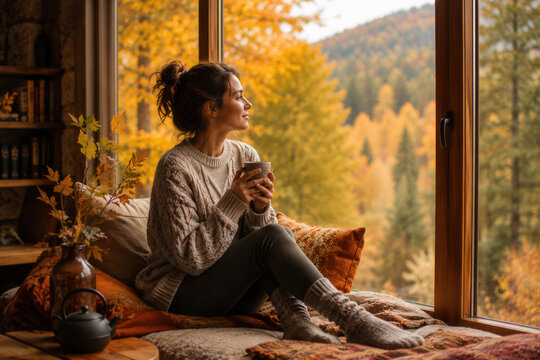 Woman sips tea, gazing out autumn window