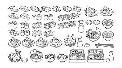 Set of 50 Japanese Food and Sushi Line Art Icons Vector © munawwar bibi