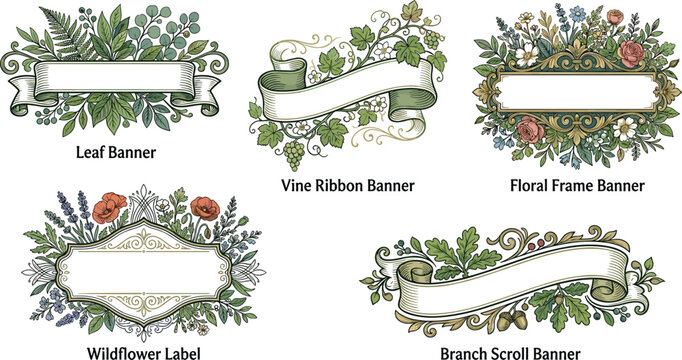 Vintage botanical banner and floral label collection with hand drawn leaves wildflowers scrolls and vines for elegant wedding invitation design elements