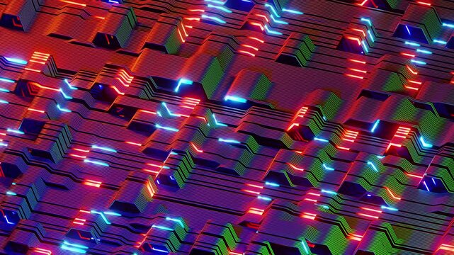 Bright glowing blue and red lights flowing through zig zag lines network loop animation