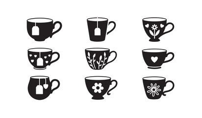 Obraz premium Nine tea cups silhouettes with tea bags and floral ornaments vector icons set on transparent bg.