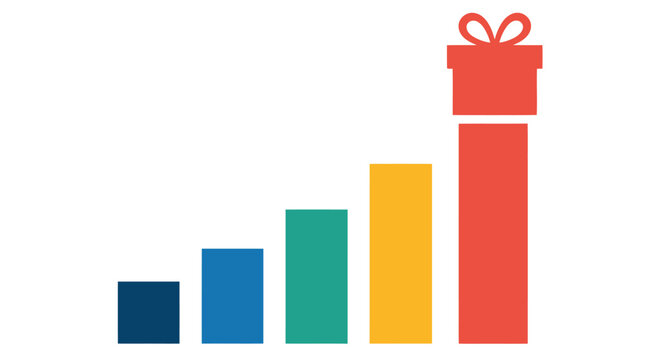 A rising bar graph with a gift box on top signifies growth and rewards