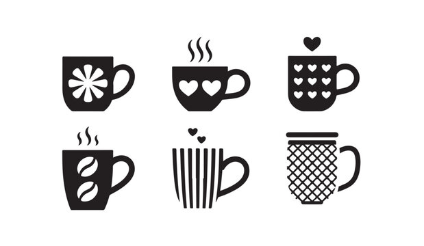 Coffee mug vector icons with steam and decorative patterns black silhouettes set on transparent.