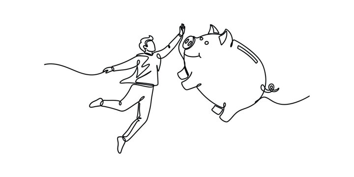 Businessman giving high five to piggy bank in continuous line art.