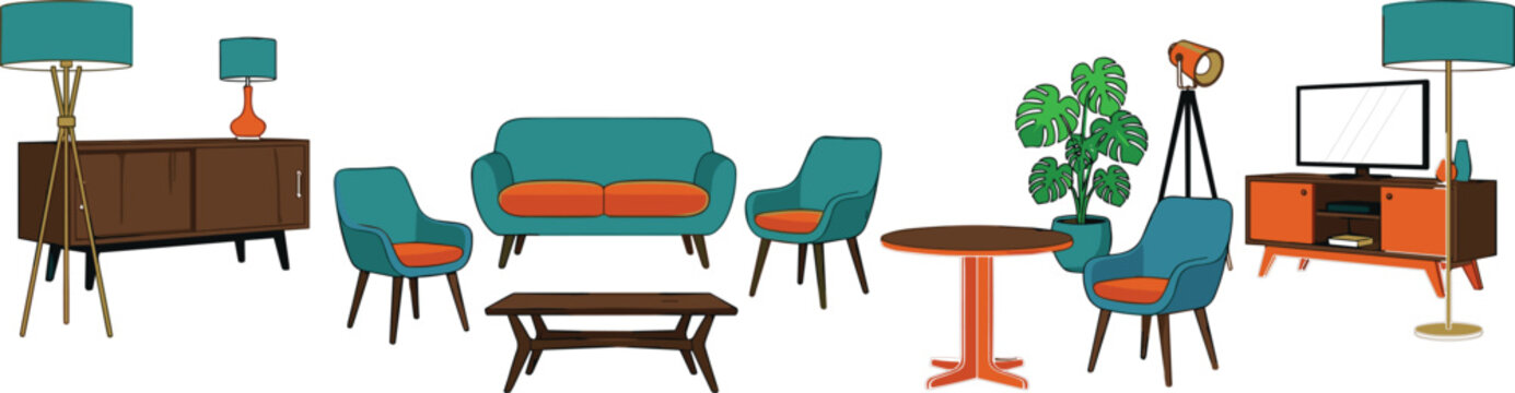 Modern living room furniture vector element set featuring mid century sofa chairs table and tv console