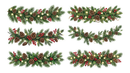Pine garlands decorated with berries and lights create a festive seasonal border collection. © sajida