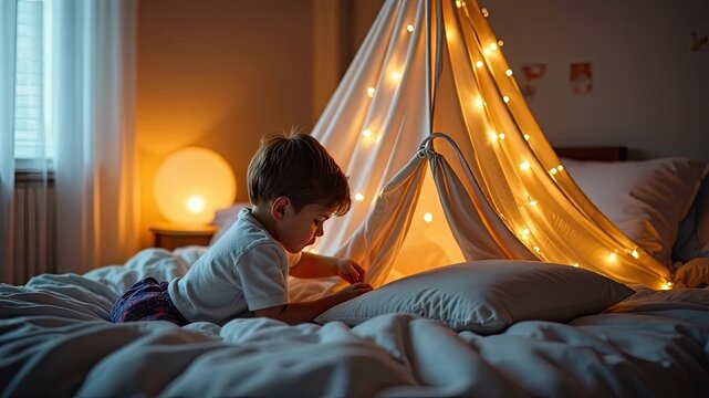 Soft lights drape a cozy bed canopy
