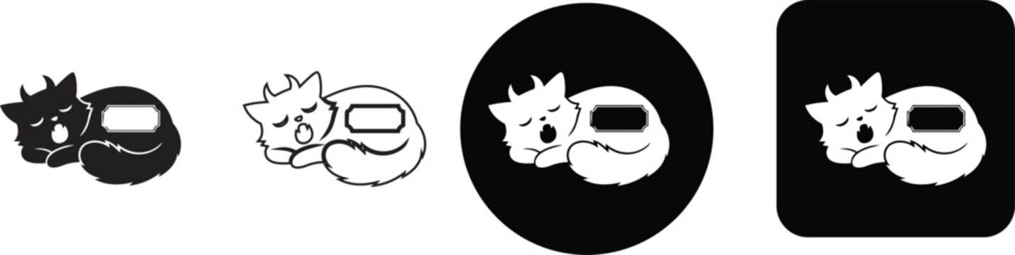 Sleeping tired cartoon monster cat with horns curled up resting with blank nameplate banner