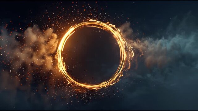 Fiery ring portal with smoke and sparks against a dark background