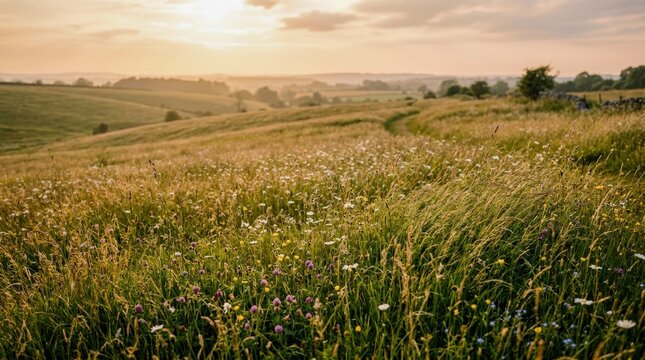 Golden Meadow Landscape at Sunset with Rolling Hills.