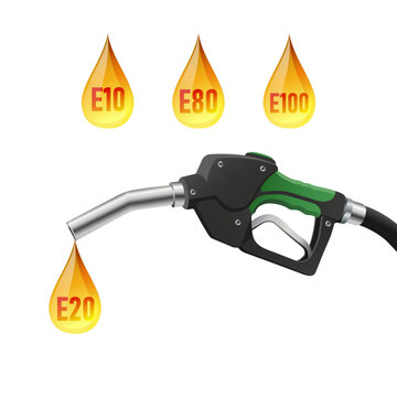 Vector illustration of fuel pump nozzle dispensing E20 ethanol blend fuel drop with E10, E80, and E100 bio fuel options
