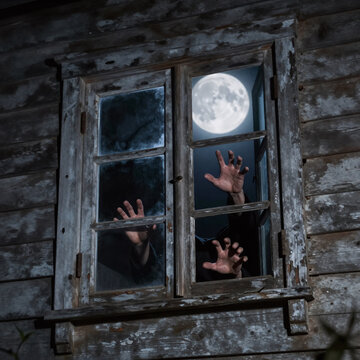 Isometric Ancient Finger. Halloween-Themed Digital Art Illustration Of Hands Emerging From A Spooky, Old Window In An Ancient House With Increased Noise And Grain Effects