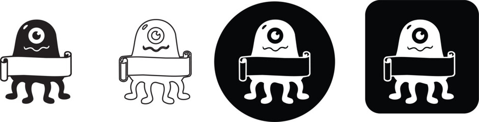 Cute one eyed octopus monster character holding blank scroll banner icon set © Nusrat