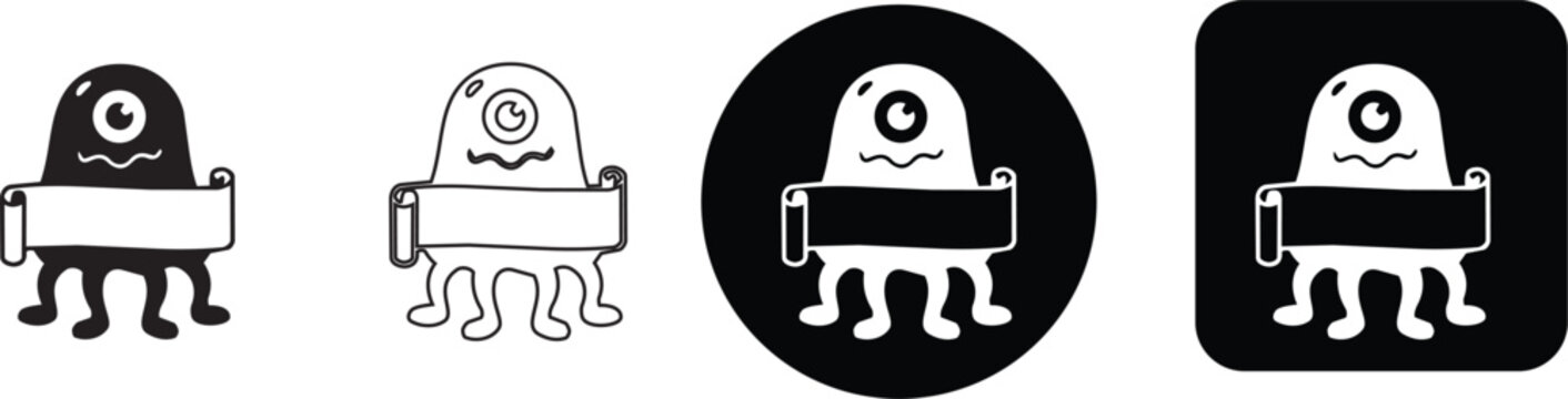 Cute one eyed octopus monster character holding blank scroll banner icon set