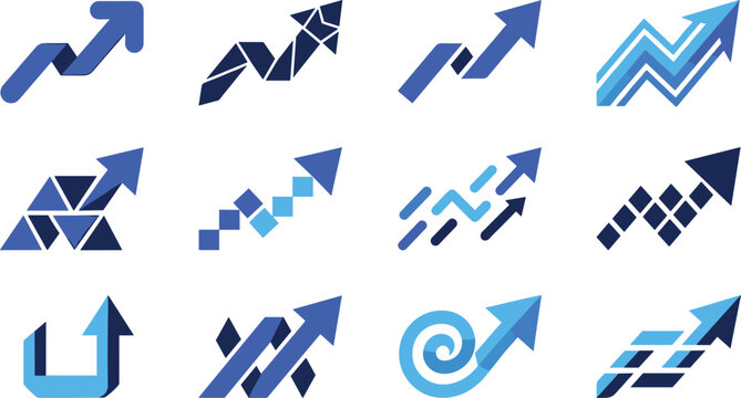 Professional collection of blue abstract growth arrow icons representing business success, financial progress, performance improvement, and upward movement trends.