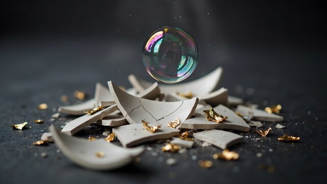 Falling shattered eggshells with a blooming soap bubble on black background