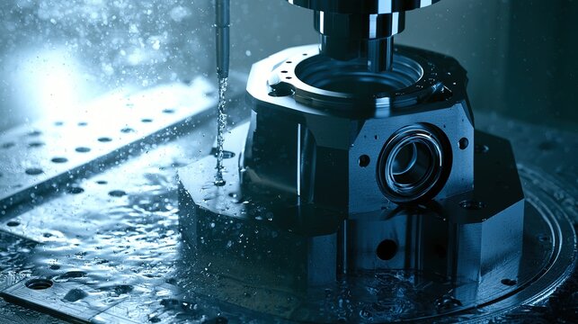 Metal workpiece rising from electroplating solution with shiny chrome finish, droplets falling, industrial lighting, shallow depth