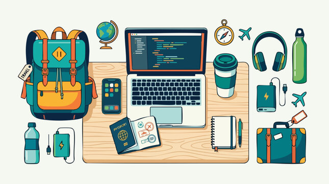 Digital Nomad's Toolkit: A vibrant illustration showcasing the essential gear for a digital nomad, including a laptop with code, backpack, passport, smartphone, headphones, and travel accessories.