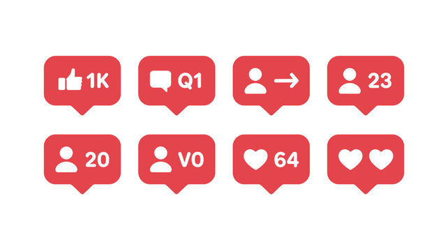 Instagram style Notification Icons Flat Red Shapes With White Symbols