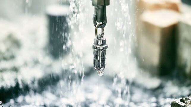 Metal workpiece rising from electroplating solution with shiny chrome finish, droplets falling, industrial lighting, shallow depth