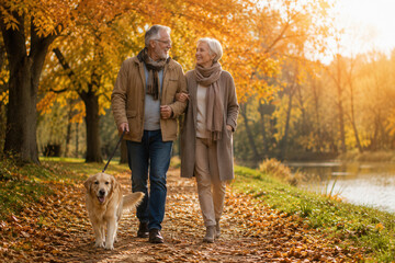 Fototapeta premium Golden leaves carpet the path beneath autumn trees