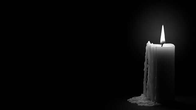 White candle burning against black with hardened wax drips, strong contrast, minimal composition