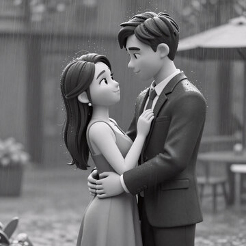 3D Game Rain Valentine. A Young, Romantic Couple Flirting In The Rain (Black And White Portrait)
