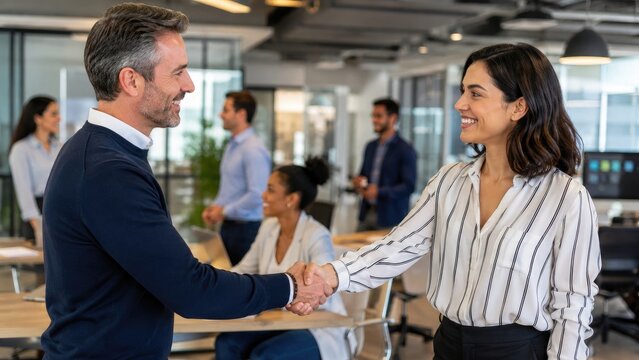 Colleagues shaking hands in a modern open office, smiling and networking with diverse coworkers in the background