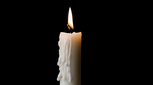 White candle alone burning on pure black with cascading wax drips, strong chiaroscuro, serene minimalism