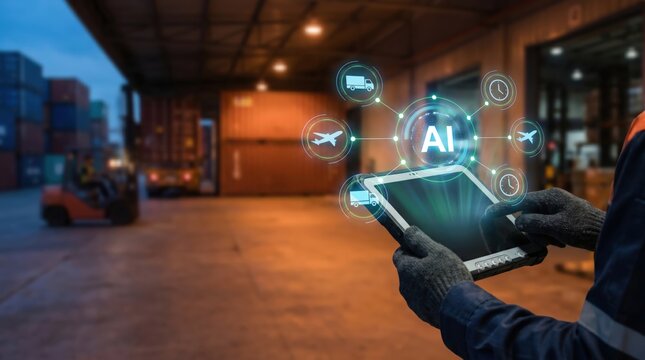 AI Logistics, Workflow Automation, and Predictive Supply Chain Management Concept: Floating Holographic Dashboard with Delivery Truck, Cargo Airplane, and Clock Icons Over Warehouse Operator Hands