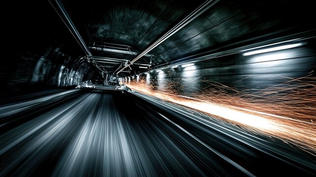 Subway train pantograph contacting overhead wire in dark tunnel, motion blur and flying sparks, industrial city transport visual