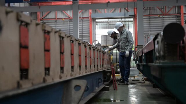 Industrial workers inspecting steel manufacturing line conveyor