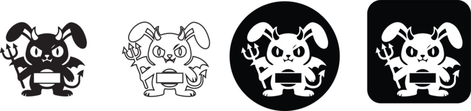 Cute little devil bunny character icon set with pitchfork wings and tail